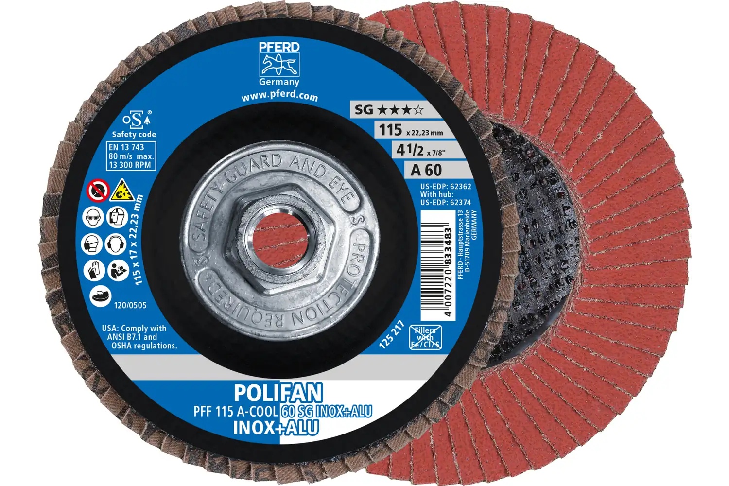 Picture of Pferd Flap Disc, 4-1/2" x 5/8-11, A-Cool SG Inox+ALU, 60 Grit, T27, Flat, Aluminum oxide